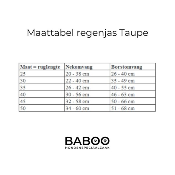 Maattabel regenjas Taupe